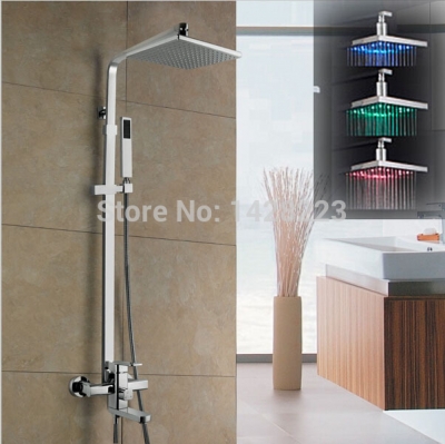 chrome finished led light 8" rainfall bathroom bath shower faucets mixer taps + handheld shower