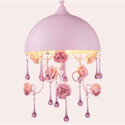 dia30cm 40cm pink princess round iron led pendant light creative pastoral iron rose and crystal pendant light