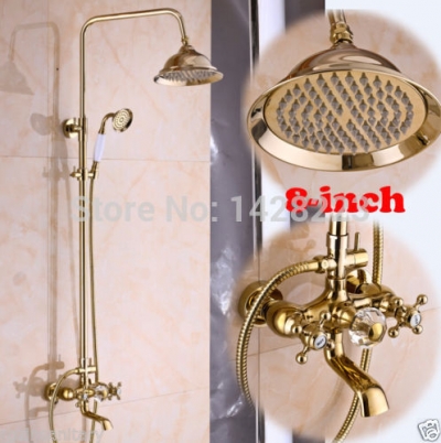 gold-plating wall mounted dual handles 8" brass showerhead bath shower faucet set + handheld shower [golden-3293]