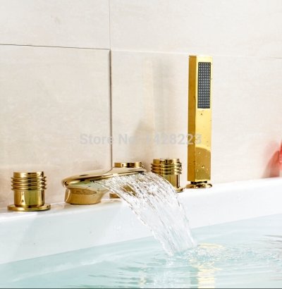 led brass deck mounted bathtub waterfall spout faucet golden three handles 5pcs bathroom tub mixer taps [5-pcs-tub-faucet-194]