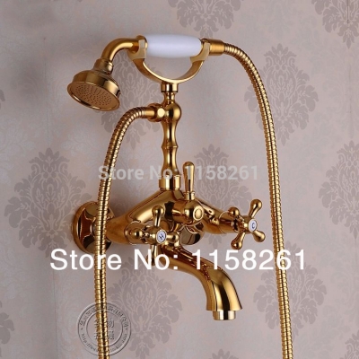 luxury antique style gold color bath tub faucet ceramic handle & handheld shower head faucet mixer tap hj*5013 [gold-finish-shower-set-2943]
