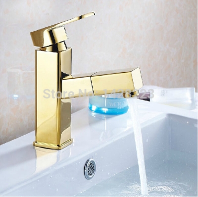new design square style pull out basin sink faucet deck mounted polished golden wash hair mixer taps [golden-3273]