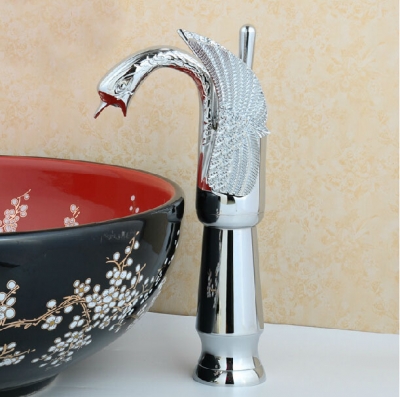 swan shape brass countertop tall basin sink mixer faucet chrome finish deck mount w/ cold hose [chrome-1508]