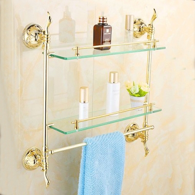 bathroom accessories solid brass golden finish with tempered glass,double glass shelf bathroom shelf zp-9302 [bathroom-shelf-875]