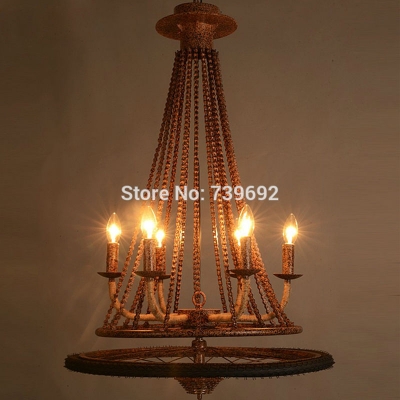 brand new vintage industrial iron pendant lamps rust brown color 6*e14 bicycle wheel ceiling lamps bar dinning room decoration