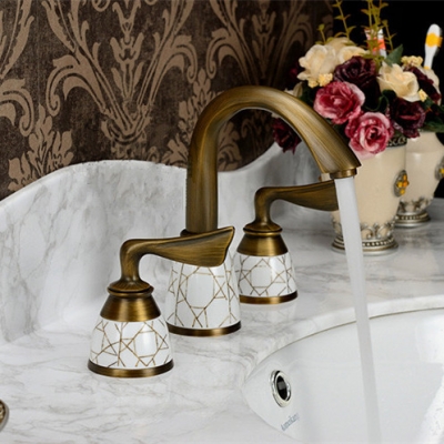 brass antique deck mount dual handles basin faucet 3pcs bathroom lavatory washbasin mixer tap kz-388q