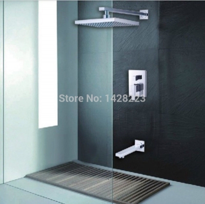 chrome finish bathroom mixer valve shower faucet sets + 8" abs rainfall shower head + tub spout + shower arm