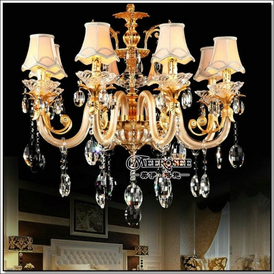 european golden crystal chandelier with 8 glass arms cristal lustres of living with fabric lampshades md88006 [crystal-chandelier-glass-2138]