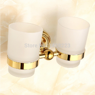 fashion wall mounted double toothbrush cup golden brass & glass toothbrush holder [toothbrush-amp-toliet-brushed-holder-8218]