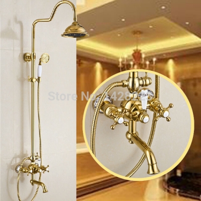 fashion wall mounted rain shower head bath shower mixer taps golden dual handles shower set faucet [golden-3307]