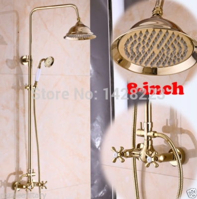 gold-plate 8" rainfall shower head wall mounted shower faucet set dual handle + hand shower