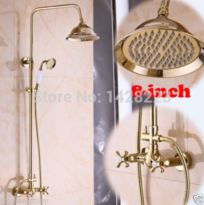 gold-plate 8" rainfall shower head wall mounted shower faucet set dual handle + hand shower [golden-3297]