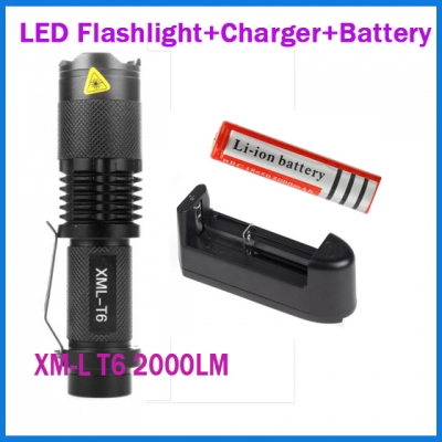 led tactical flashlight xml t6 2000 lumens 5 modes zoomable portable flash light lantern for hunting/18650 battery /charger