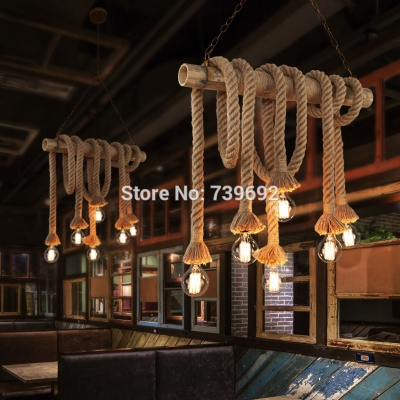loft american country vintage rope bamboo pendant lights lamp e27*6 creative personality retro living room restaurant ac 90-260v