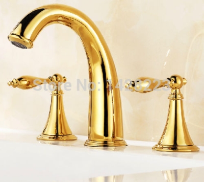 luxury gold plate 3 pcs widespread dual handle basin faucet deck mounted three holes basin mixer tap [golden-3251]
