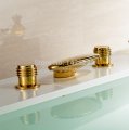 polished golden three holes deck mounted waterfall bathroom vanity sink faucet dual handles basin mixer taps