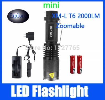 2000 lm mini handy flashlight led flashlights with 2 x 18650 battery 1 x power adapter 1 x car charger 1 x dc charge [torch-with-battery-5858]