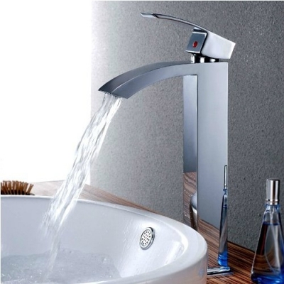 bathroom tall faucet square single handle water taps deck mounted waterfall vessel sink mixer torneiras [led-waterfall-faucet-6197]