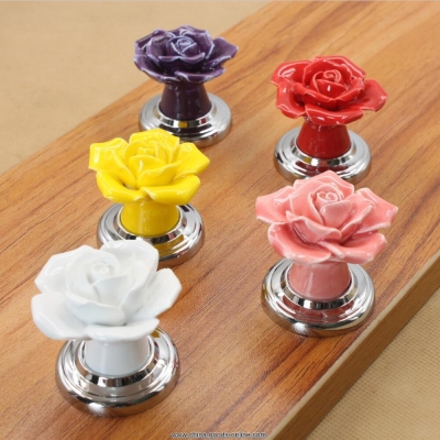 ceramic rose handles kitchen cabinet knobs handles flowers dresser closet kids bedroom furniture knobs silver base [Door knobs|pulls-1136]