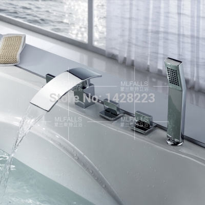 deck mounted square waterfall spout bathroom bathtub faucet three handles with hand shower chrome finished