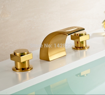 gold-plate widespread 3pcs bathroom waterfall basin sink faucet dual handles deck mounted three holes [golden-3280]