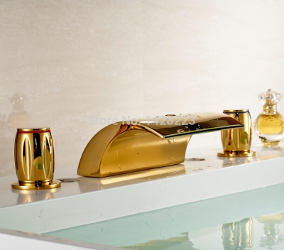 golden deck mounted waterfall bathroom vessel sink faucet widespread and cold wash basin mixer taps