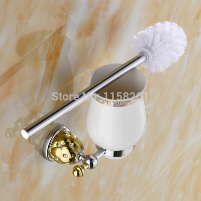luxury chrome+gold plated toilet brush holder with ceramic cup/ household products bath decoration bathroom accessories 5409