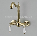 luxury gold-plate dual ceramic handles wall mounted kitchen sink faucet brass bathroom swivel spout faucet