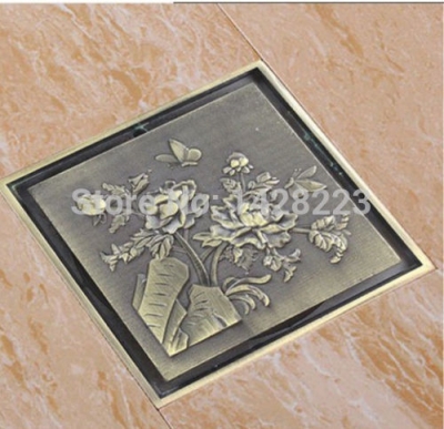 modern new antique brass peony flower art square bathroom shower floor drain washer grate waste drain 4" [floor-drain-3058]