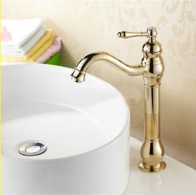 new whole promotion solid brass deck mounted waterfall bathroom faucet single handle golden mixer se-1305ck [golden-bathroom-faucet-3539]