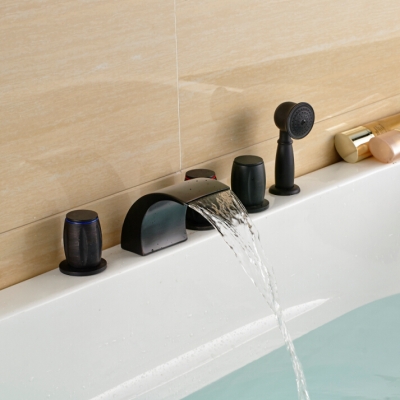 oil rubbed bronze waterfall bathtub faucet deck mount 5pcs three handles tub mixer tap