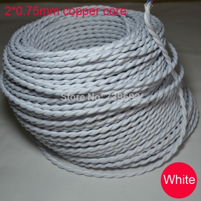 (2m/lot) 2* 0.75mm double core line retro twisted lamp cable white color p.v. knitted cloth braided electrical wire