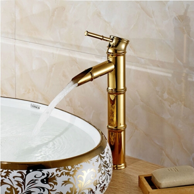 bamboo shape deck mount waterfall countertop basin faucet golden single handle lavatory mixer taps