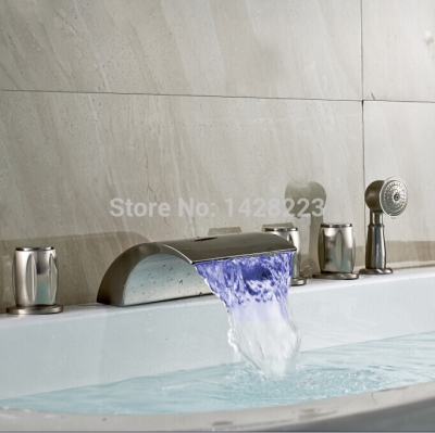 brushed nickel led color change bathroom waterfall bathtub faucet deck mounted 3 handles 5pcs tub mixer taps