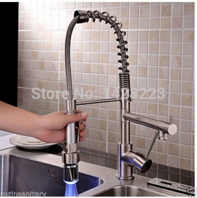 brushed nickel led color changing kitchen faucet deck mounted dual spout kitchen mixer tap and cold water [led-4344]