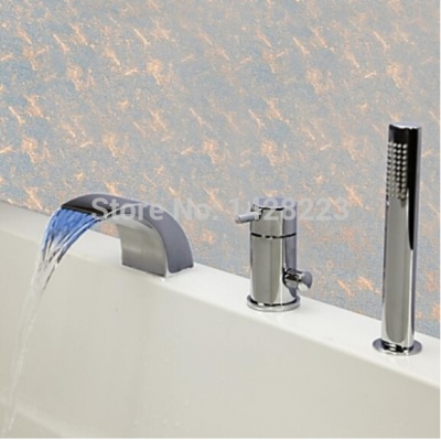 chrome finished 3pcs deck mount waterfall led light bathtub faucet single handle with handheld shower
