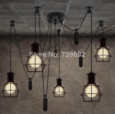 creative lifting small cages vintage pendant lights 5 heads modern american restaurant pendant lights rural industries style [chandelier-series-4641]