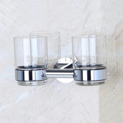 fashion style double tumbler holder,toothbrush cup holder, brass base with chrome finish+glass cup,bathroom accessories fm-3684d [cup-holder-2674]