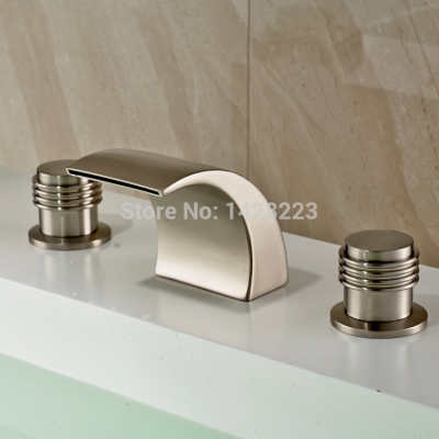 good-quality widespread waterfall dual handles basin sink faucet deck mounted brushed nickel finished bathroom sink mixer taps