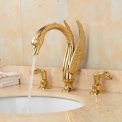 luxury copper gold finish bathroom faucet golden swan faucets double handle three hole vessel sink tap mixer [led-waterfall-faucet-6214]