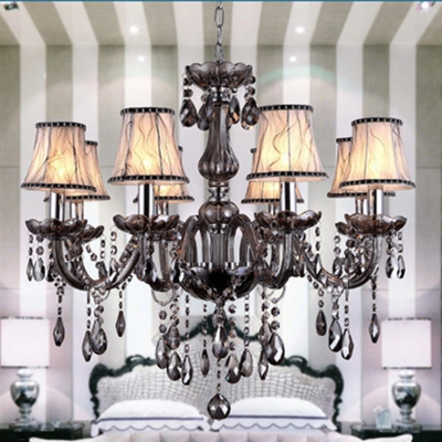modern simple smoky gray led chandelier european luxury candle crystal chandelier with fabric lampshade e14 base