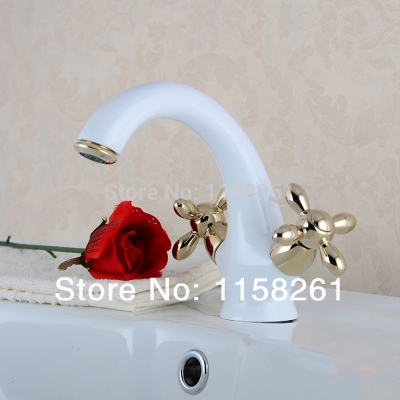 new model fashion brass white body gold dual handles painting cold & water tap bathroom basin faucet sink tap wf-6083 [golden-bathroom-faucet-3495]