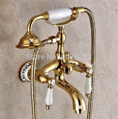 polished golden wall mounted dual handles bathtub and shower faucet with hand shower [telephone-style-faucet-7646]