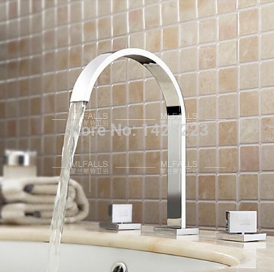 widespread double handles deck mount bathroom sink faucet polished chrome brass waterfall basin mixer tap