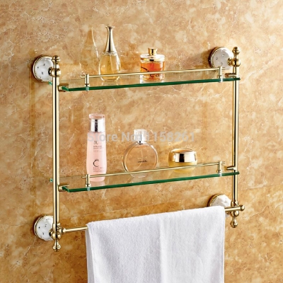 bathroom accessories solid brass golden finish with tempered glass,double glass shelf bathroom shelf 5216 [bathroom-shelf-865]
