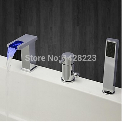 chrome led color changing widespread waterfall bathroom tub faucet set deck mount with handheld shower