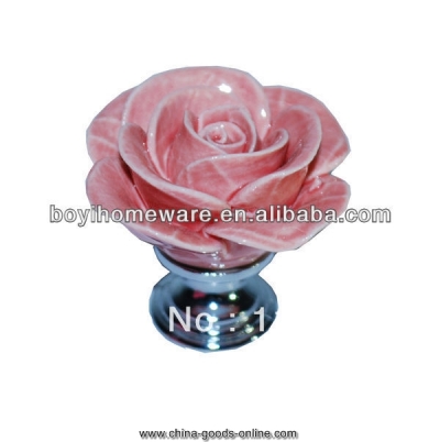 hand made ceramic pink rose knobs with silver chrome base flower knob cabinet pull kitchen cupboard knob kids drawer knobs mg-16
