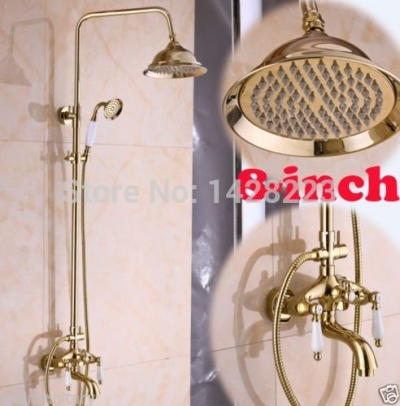 luxury golden dual handles 8" rain brass shower faucet set wall mounted with handshower adjust height [golden-3294]