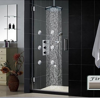 polished chrome thermostatic mixer valve plate / 6pcs massage jets shower set faucet 8" rainfall with handshower