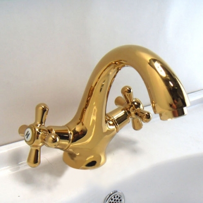 soild copper gold finish bathroom faucet double handle bend spout washbasin tap mixer torneira banheiro [gold-faucet-3151]